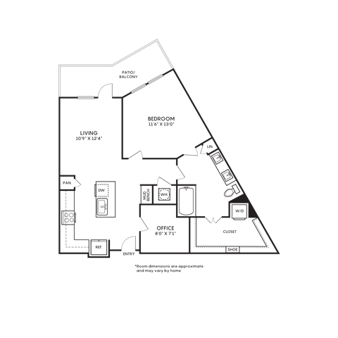 Floor plan for 1 bed, 1 bath, 796 sqft